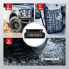 A black wireless tire pressure monitoring system is shown with external sensors in various weather conditions.