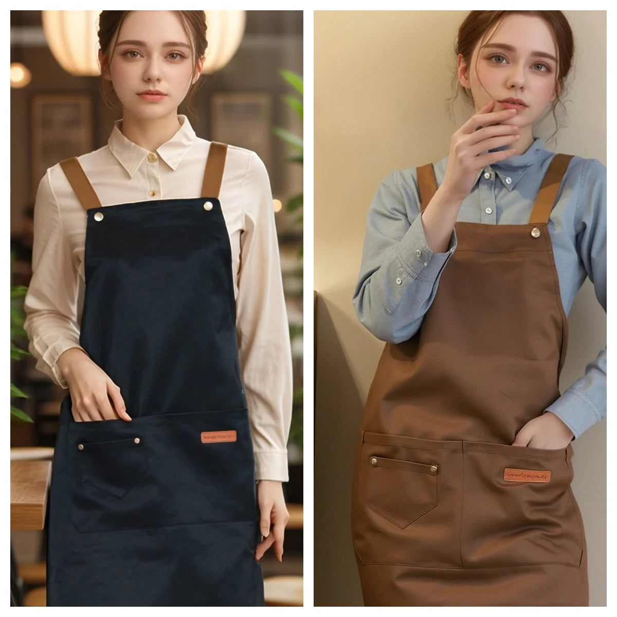 A young woman models a dark blue apron and a light blue shirt, showing the front and side view.