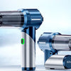 A blue and silver foldable handheld car vacuum cleaner with a clear tube is shown against a light blue background.
