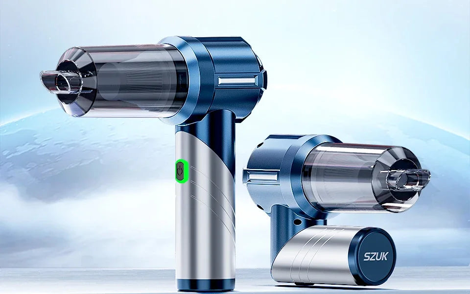 A blue and silver foldable handheld car vacuum cleaner with a clear tube is shown against a light blue background.