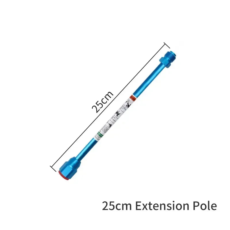 A blue extension pole for an airless paint sprayer, shown diagonally with a measurement line.