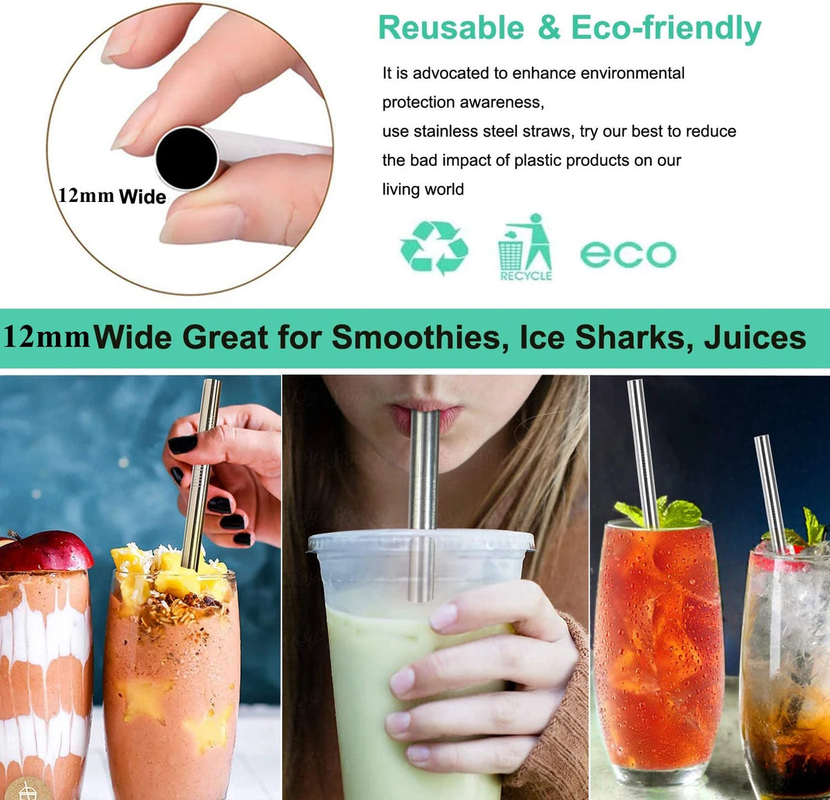 Reusable 304 stainless steel drinking straw with cleaning brush used in smoothies and juices