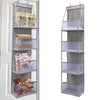 A tall gray over-the-door hanging organizer with multiple clear plastic compartments for storage.