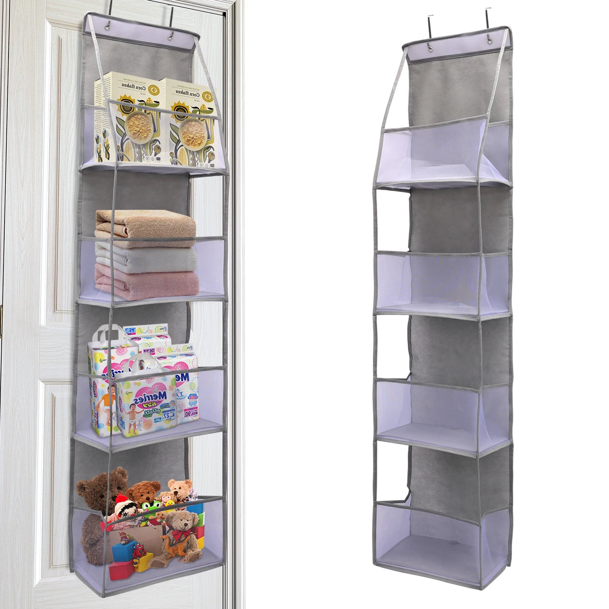 A tall gray over-the-door hanging organizer with multiple clear plastic compartments for storage.