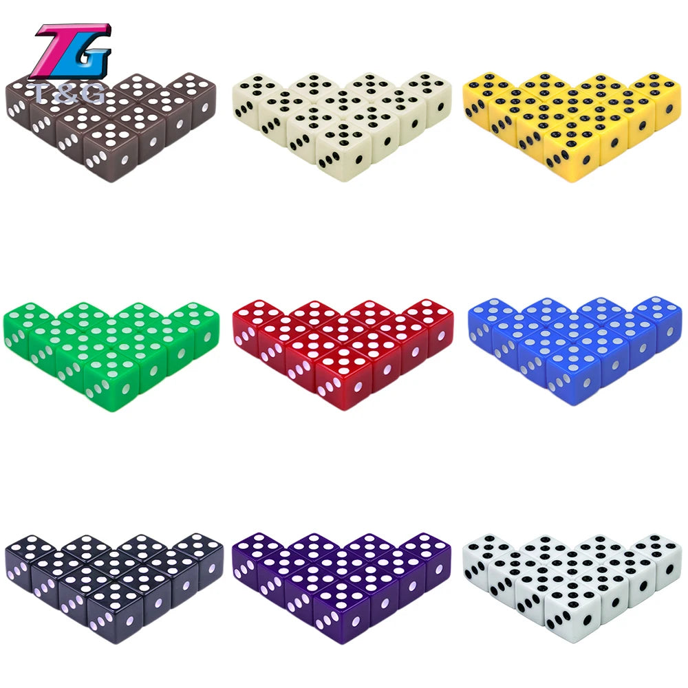 A set of ten multi-color plastic game dice in various patterns including black white yellow green red and blue