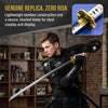 A male model wearing black tactical gear holds a lightweight bamboo replica katana sword.