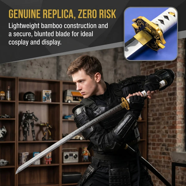 A male model wearing black tactical gear holds a lightweight bamboo replica katana sword.
