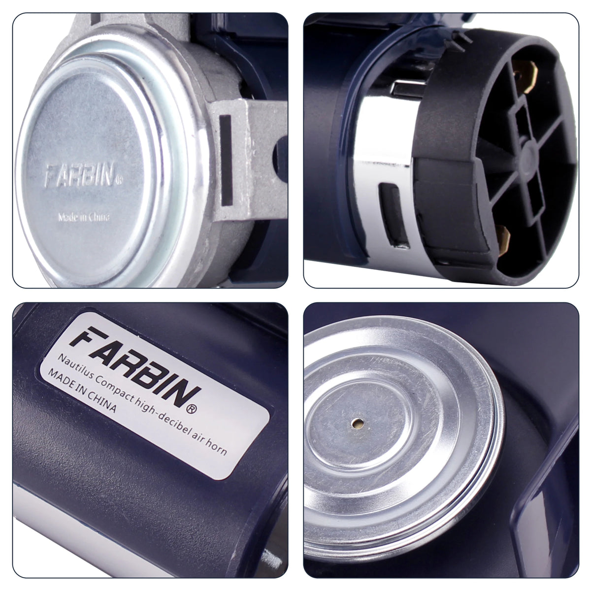 Close-up views of a Farbin air horn kit showing the horn, relay, and harness components.
