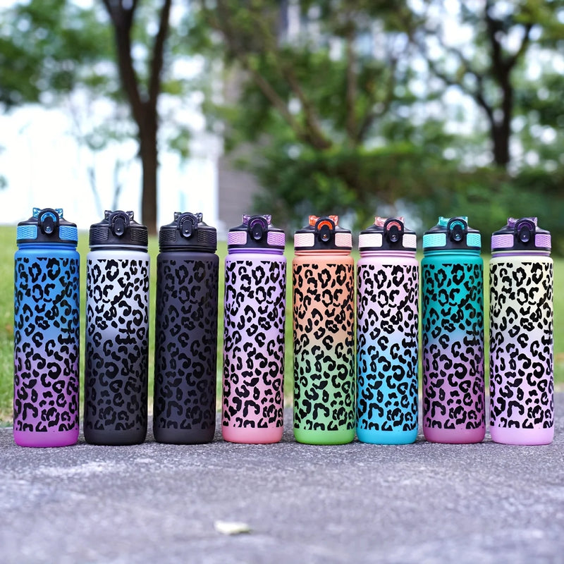 Leopard Print Sports Water Bottle with Straw