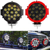 A pair of red and black LED work lights with spot beams mounted on a bar for off-road vehicles.