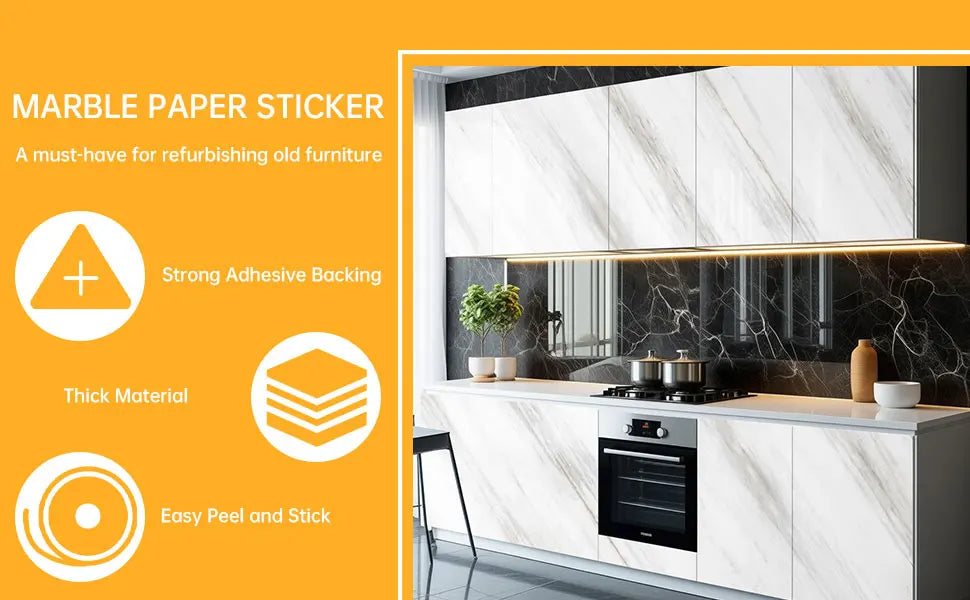 Marble paper sticker product features strong adhesive backing, thick material, and easy peel and stick for furniture refurbis