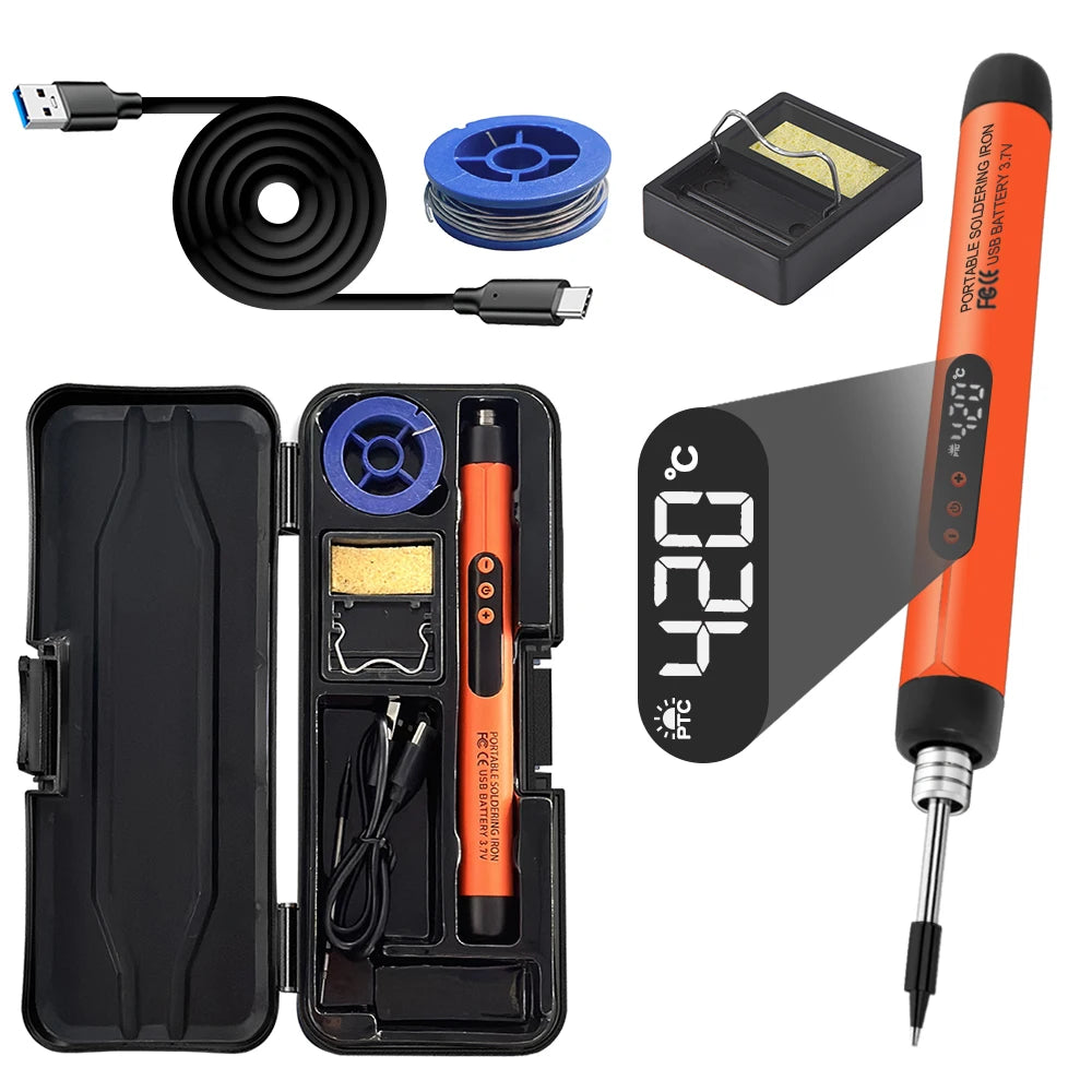 Portable USB-C rechargeable soldering iron with a storage case and cable