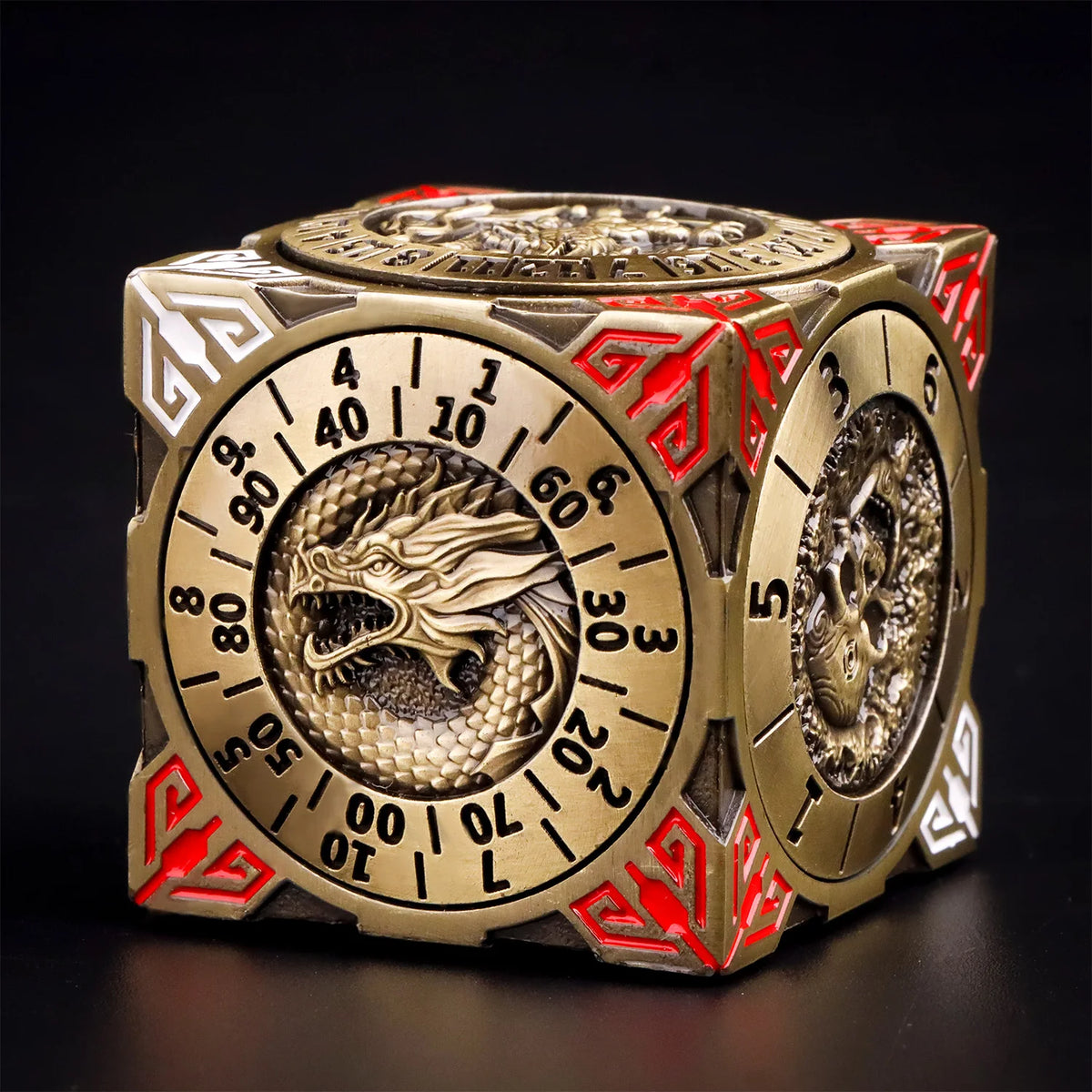 A premium metal spinner dice cube for D&D featuring a gold and red design with various numbered faces.
