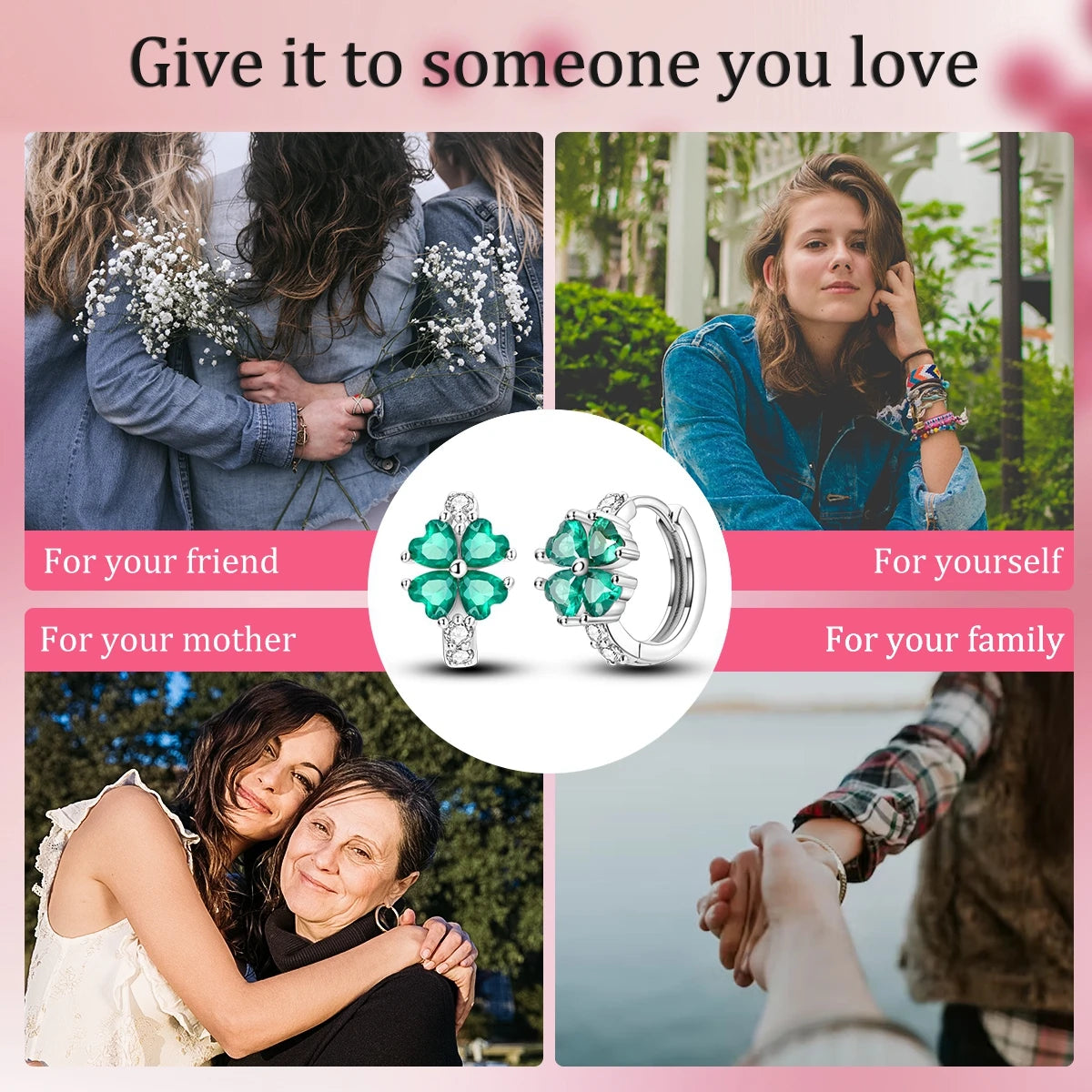 Sterling silver four-leaf clover hoop earrings shown in various contexts for friends, mothers, and family members.