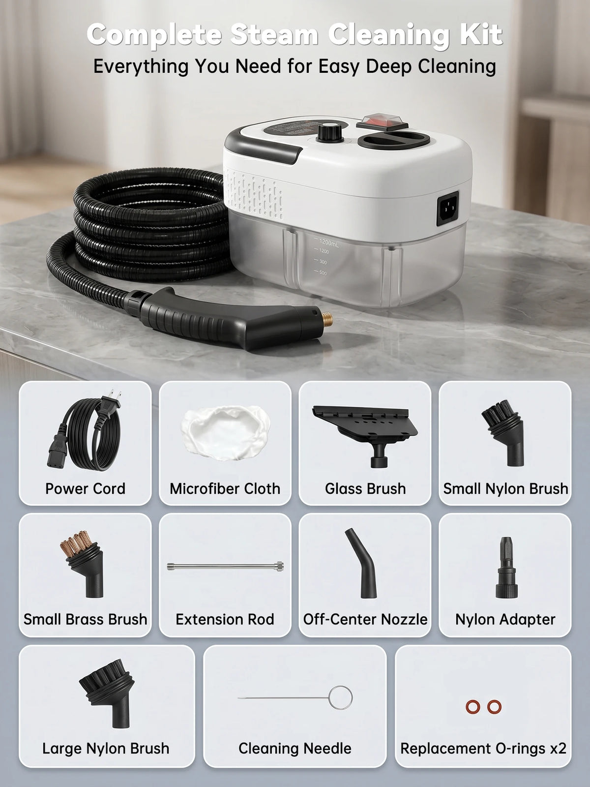 Komplettes Dampfreinigungskit mit Handsteamer, Bürsten und Zubehör für die Tiefenreinigung.