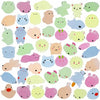 A collection of colorful kawaii animal squishies in various pastel shades and shapes.