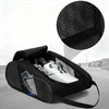 Black breathable oxford cloth shoe storage bag shown open with a separate circular view of the product.