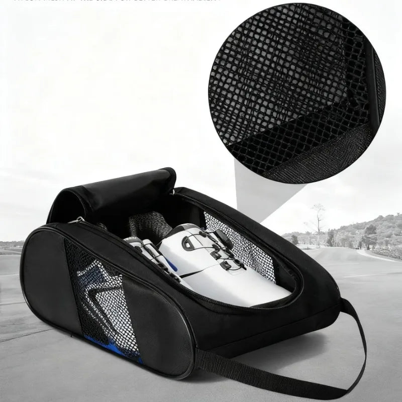 Black breathable oxford cloth shoe storage bag shown open with a separate circular view of the product.