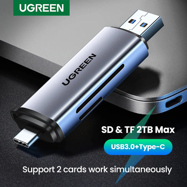 قارئ بطاقات UGREEN USB3.0 من الفضة يدعم بطاقات SD و TF بسعة 2 تيرابايت.