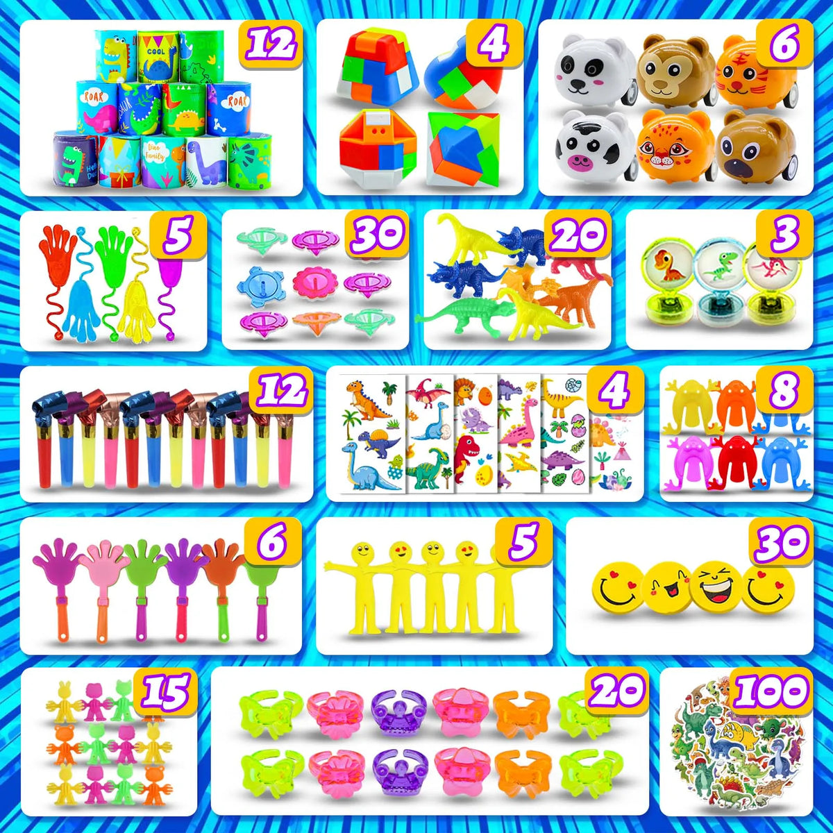 A colorful party pack of sensory fidget toys and stickers for kids, featuring various shapes and animals.