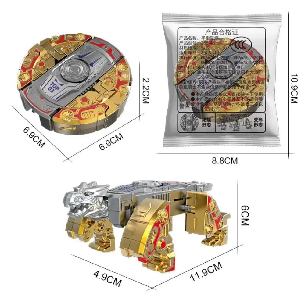 A 360° rotating fidget toy with a deformation robot design shown in various packaging and assembled forms.