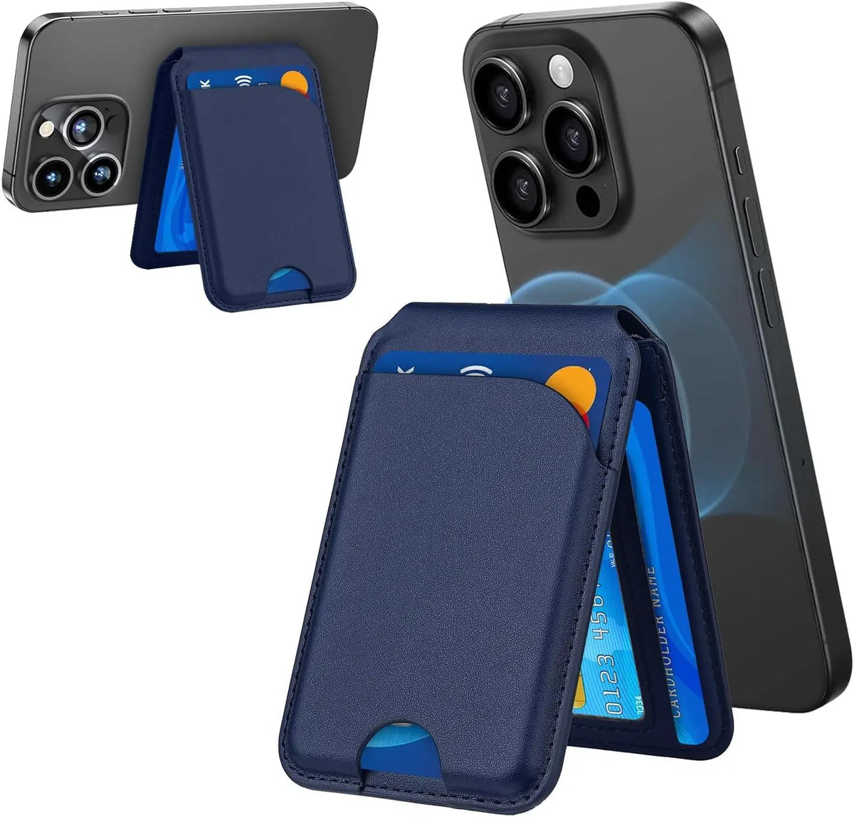 Dunkelblaue magnetische Geldbörse und Handyhalterungzubehör neben einem iPhone.