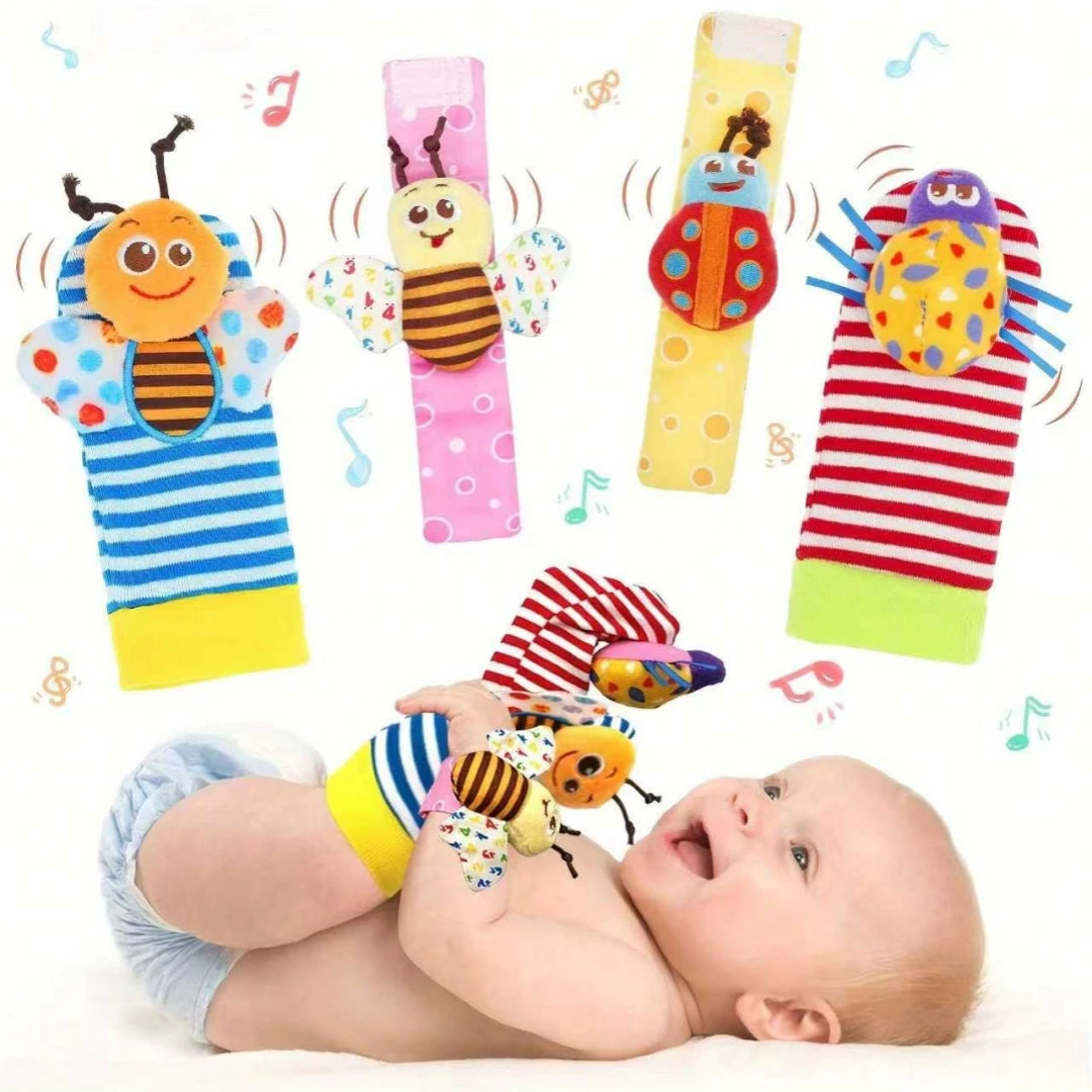 A set of soft teether booties and sensory toys for babies, featuring colorful patterns and musical elements.