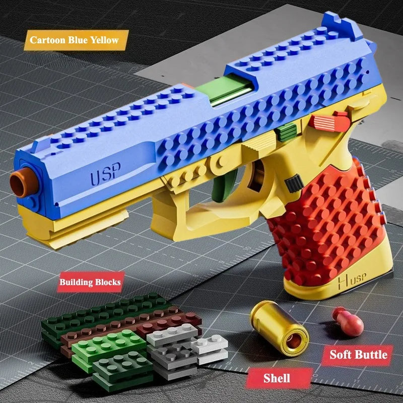 A yellow and blue building block toy pistol with a red shell, showing the weapon and components.
