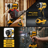 A yellow DeWalt 20V brushless impact driver tool is shown being used to drive a screw in a wooden structure.