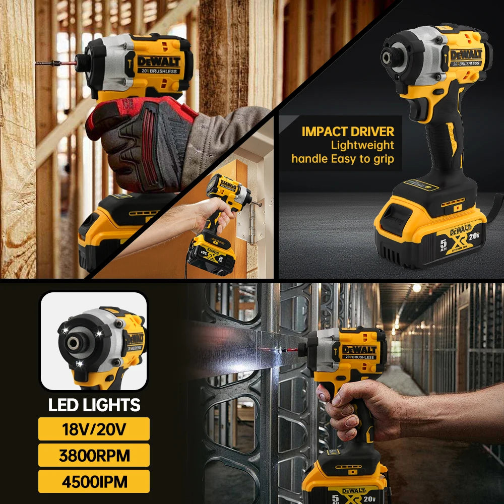 A yellow DeWalt 20V brushless impact driver tool is shown being used to drive a screw in a wooden structure.