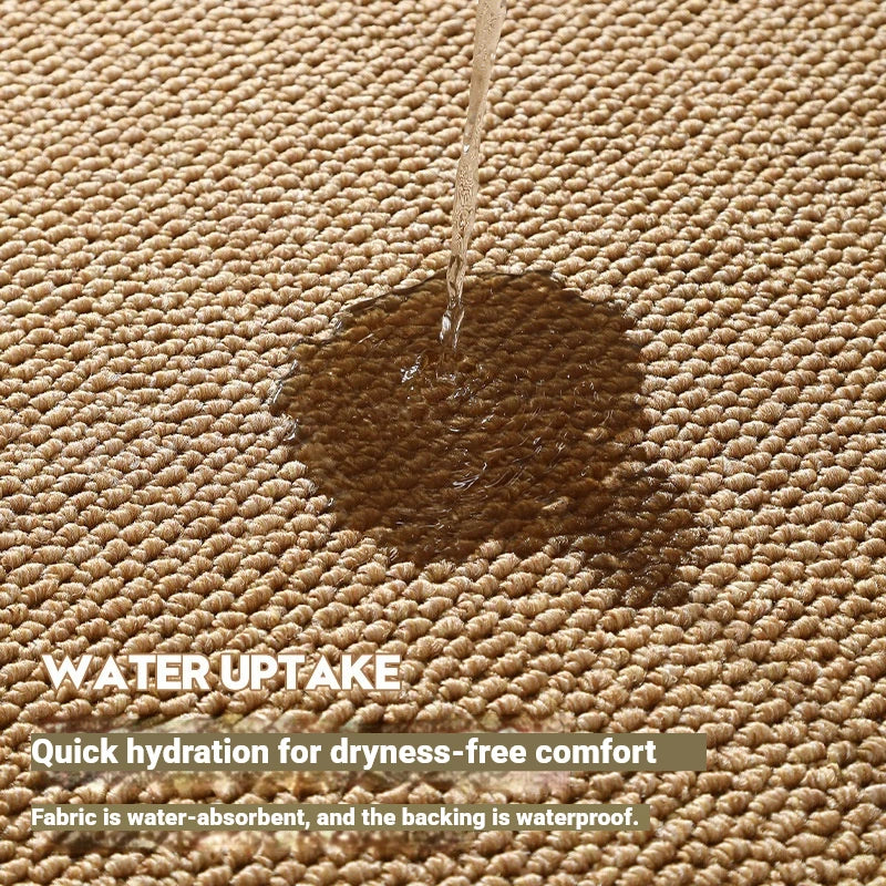 A close-up of a brown fabric surface showing water being absorbed, illustrating the product's water uptake feature.