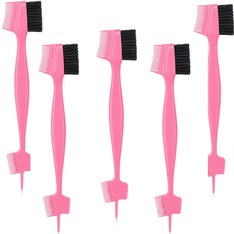 A set of pink edge control brushes with black bristles for hairlines and wigs.