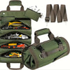 A green roll-up multi-pocket tool organizer bag with multiple compartments and an attached strap.