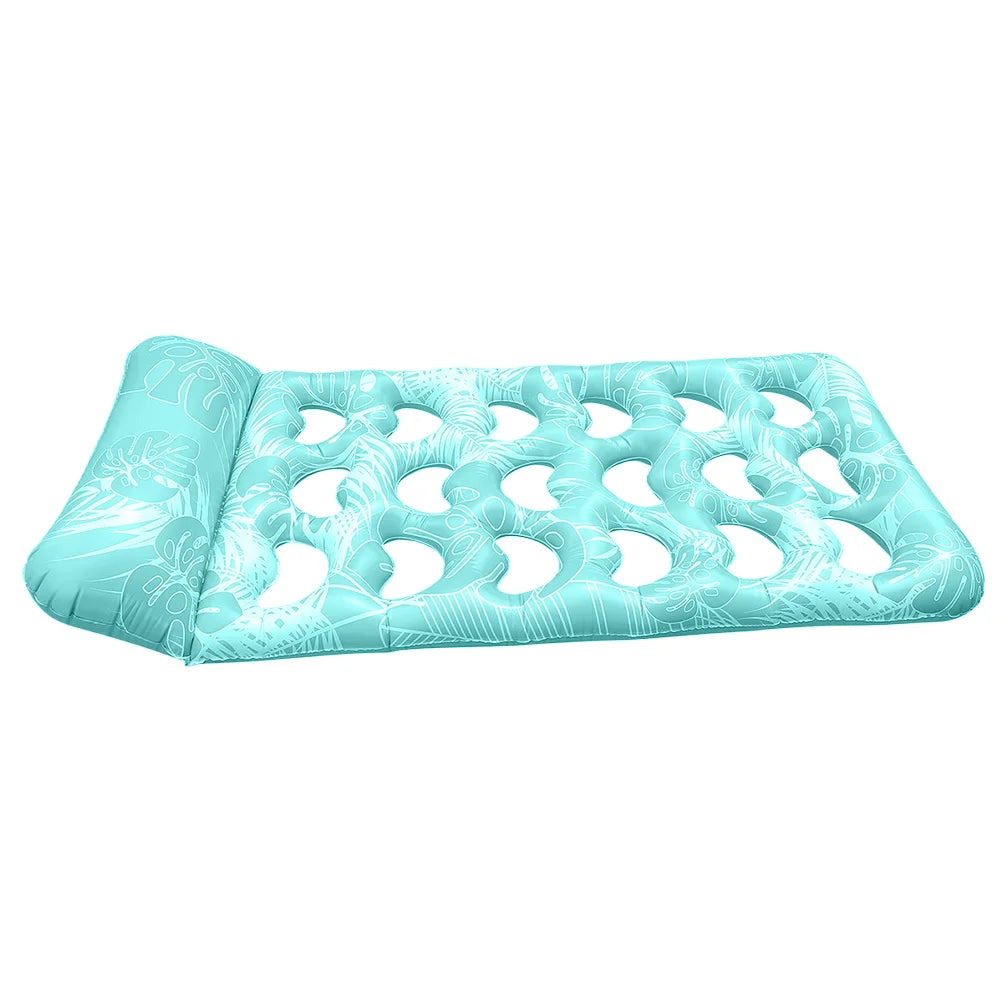 Light blue inflatable pool float lounger with a patterned design and headrest.