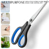 A pair of multipurpose stainless steel scissors with black handles and blue grips shown next to various materials like paper,