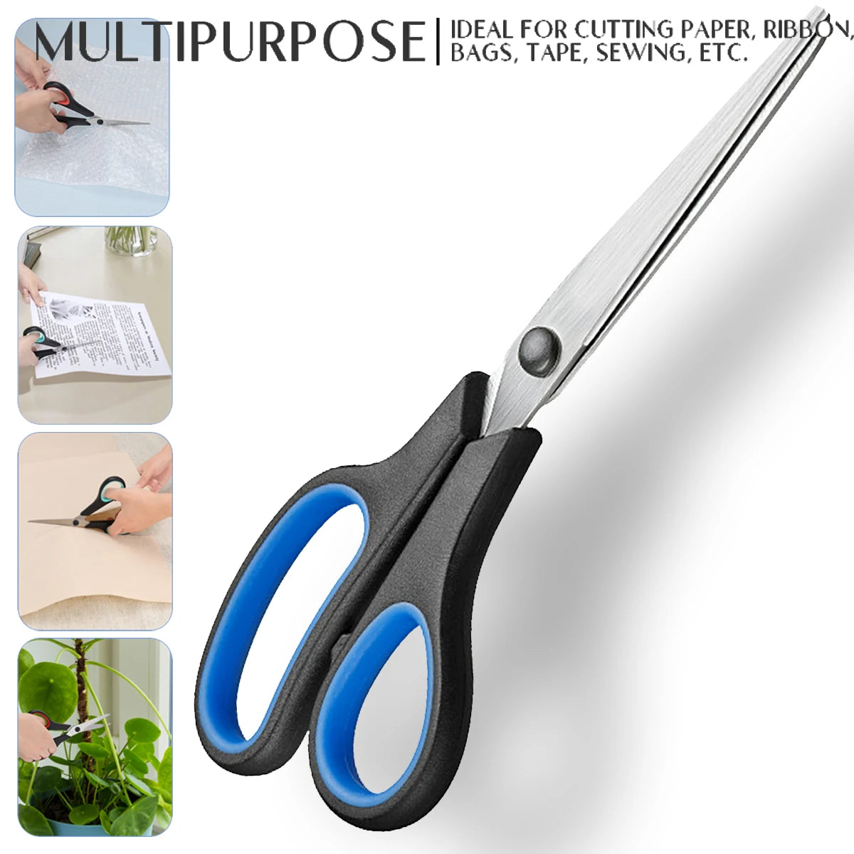 A pair of multipurpose stainless steel scissors with black handles and blue grips shown next to various materials like paper,