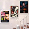 A collection of Fight Club movie posters displayed on a white wall next to a staircase.