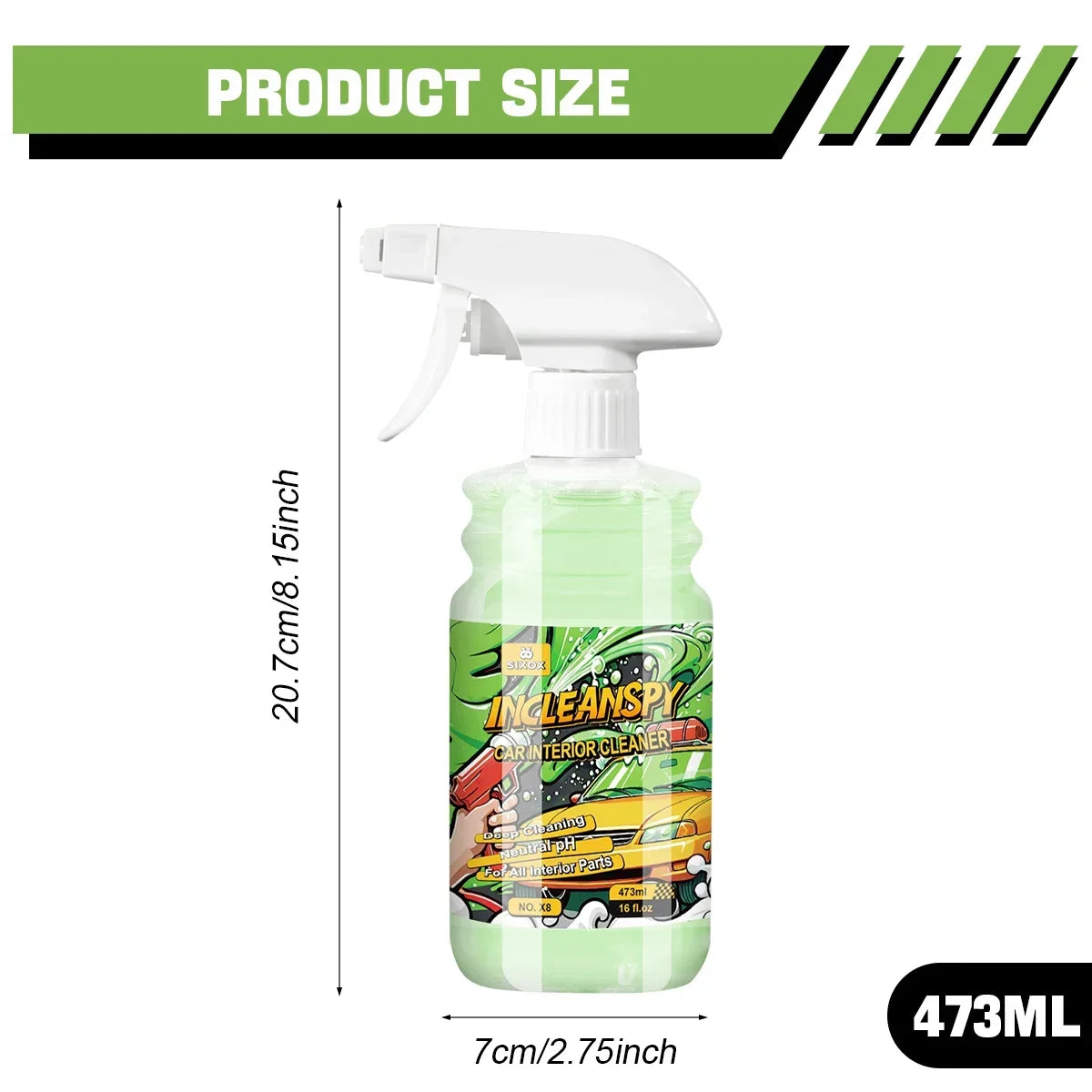 A bottle of InCleanSpy car interior cleaner with a white nozzle and green liquid, shown against a white background.