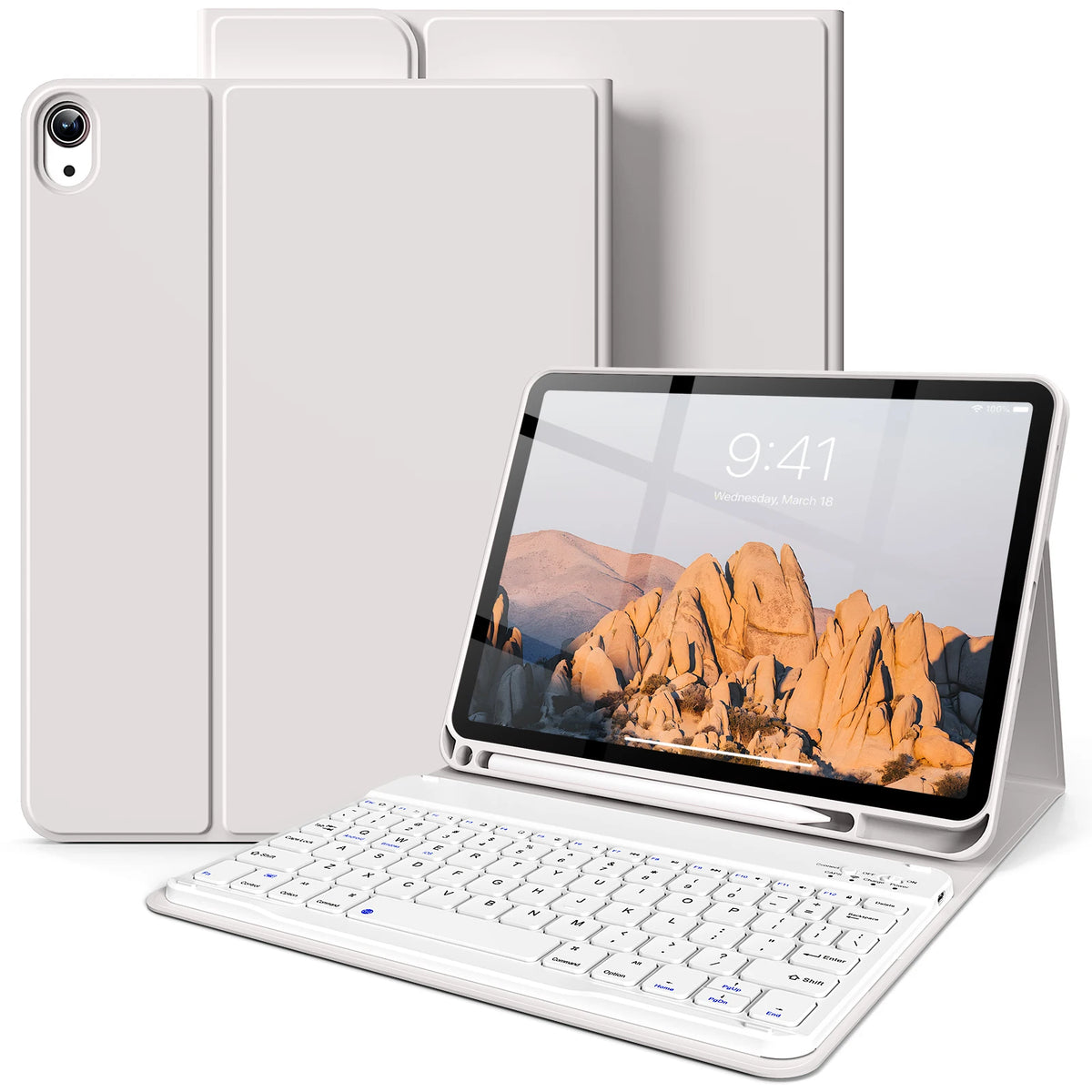 Ein weißes iPad mit passender Lederhülle und Schutzcover.