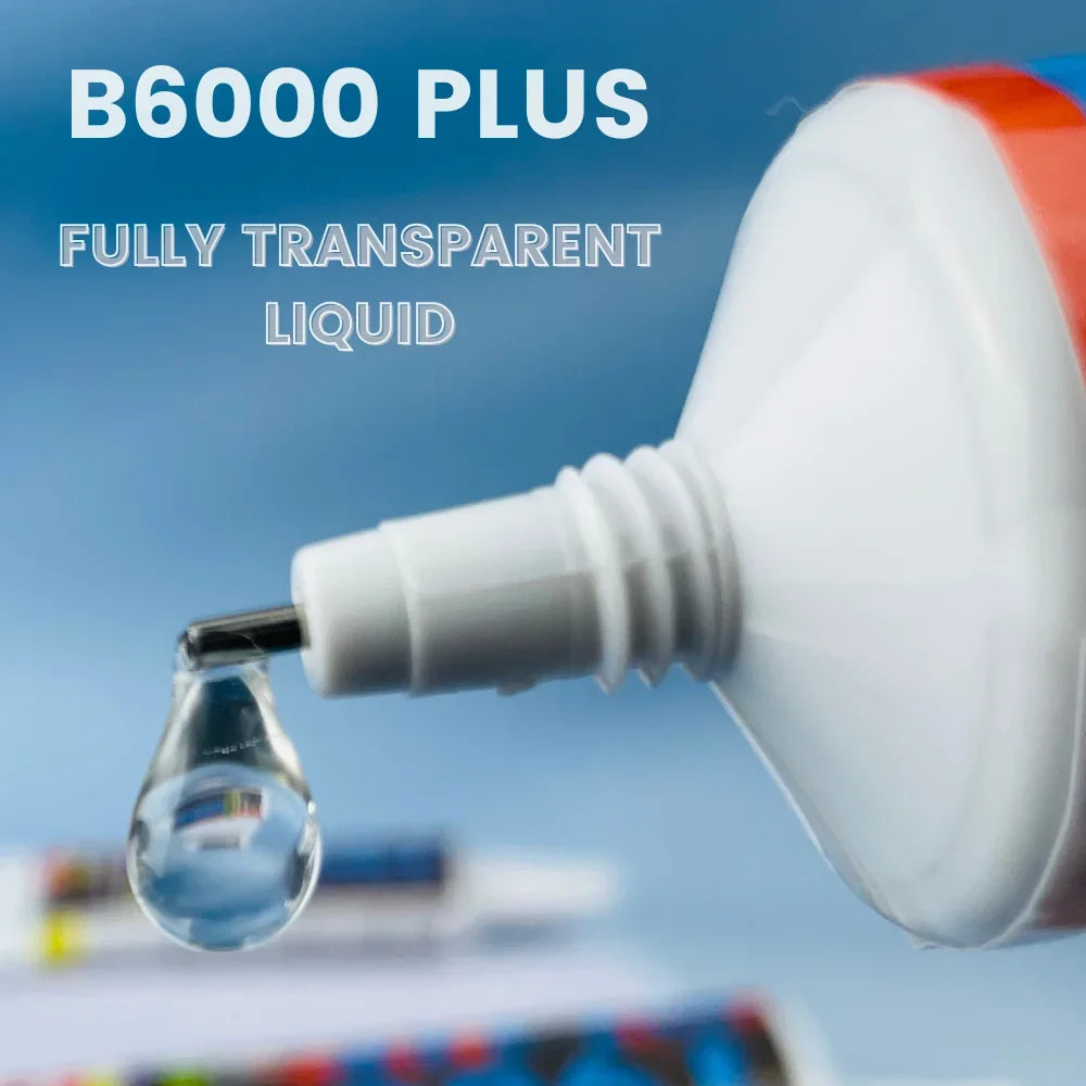 A white bottle of B6000 PLUS liquid adhesive is shown dispensing a clear drop onto a surface.