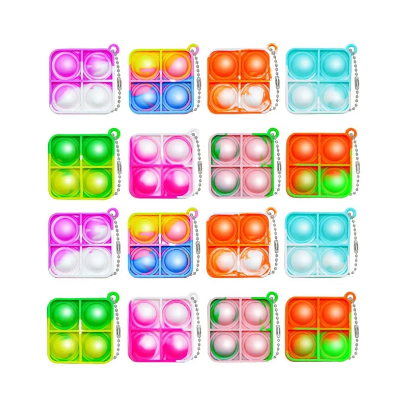 A set of 12 mini pop keychain fidget toys in various colors and shapes for sensory stress relief.