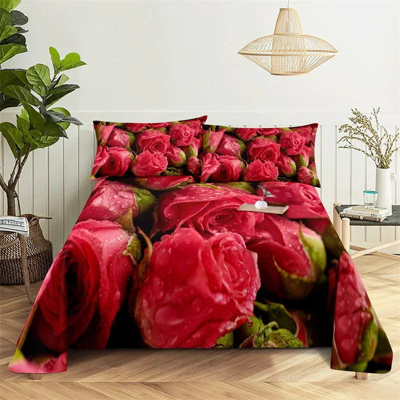 A close-up of a red rose digital print bedding set featuring vibrant pink and deep red roses.