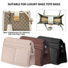 A set of felt multi-pocket purse organizer inserts for handbags and totes shown in pink, brown, and black.