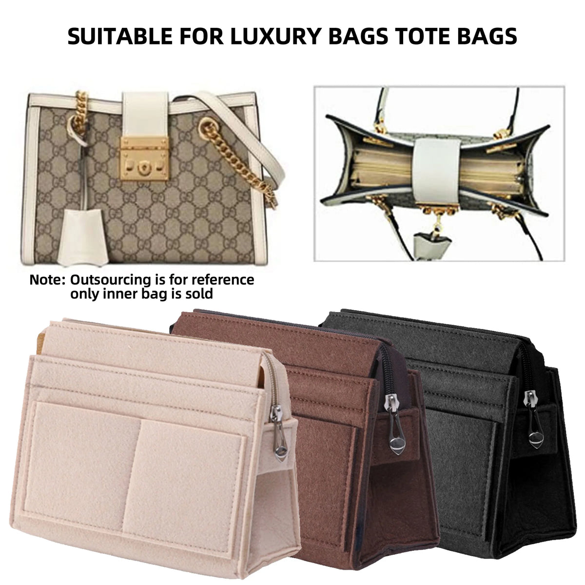 A set of felt multi-pocket purse organizer inserts for handbags and totes shown in pink, brown, and black.