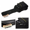 Black acoustic guitar gig bag with padded protection and a wooden guitar neck visible.