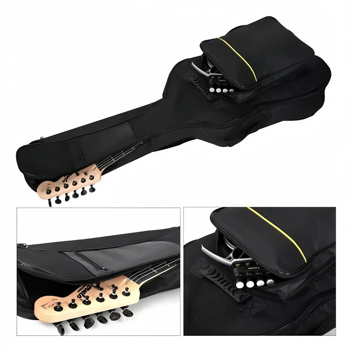 Black acoustic guitar gig bag with padded protection and a wooden guitar neck visible.