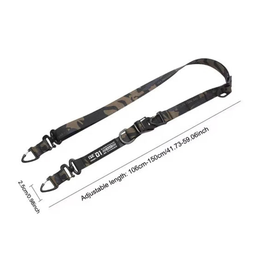 A black camouflage adjustable crossbody bag strap with a hanging ring.