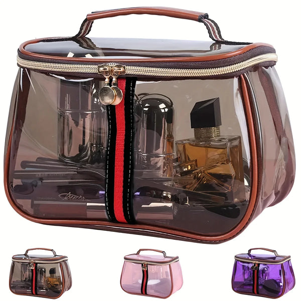 A clear, waterproof PVC makeup bag with a brown trim and zipper, featuring various cosmetic bottles inside.