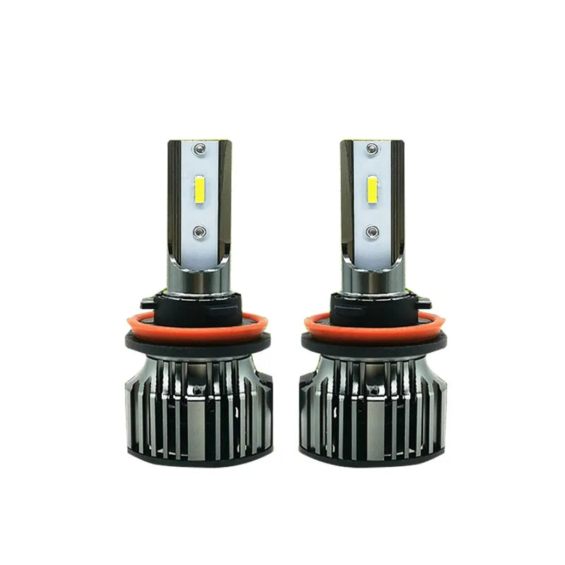 A pair of bright yellow LED fog light bulbs with silver and black housing.