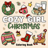 A coloring book cover featuring Christmas-themed illustrations like a wreath, mug, Santa hat, and holiday boots.